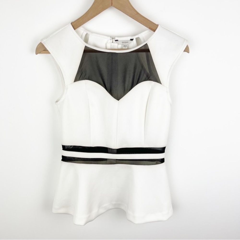Guess White Scuba & Mesh Peplum Tank Size Small